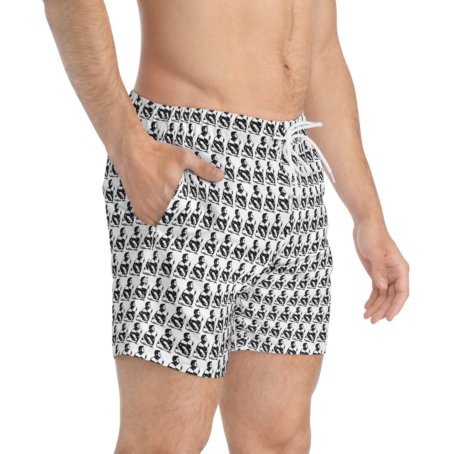 Swim Trunks — Black & White Repeating Panda Pattern All-Over Print